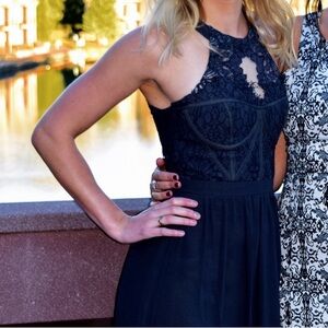 Navy Lace Bodice Maxi Dress - Women's Elegant Evening Gown